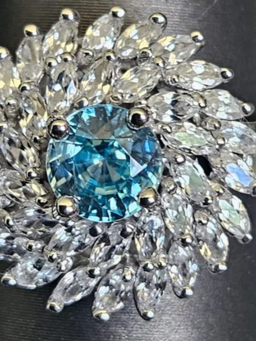Premium Cambodian Blue Zircon, White Zircon Celestial Swirl Ring